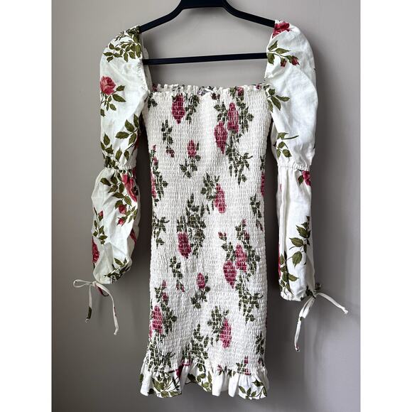 Reformation Floral Linen Mini Dress Sz M Bohemian Long Sleeves Hilary Smocked - Picture 2 of 9